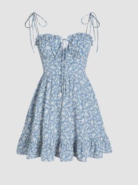 Cider Blue and White Floral Tie-Shoulder Dress